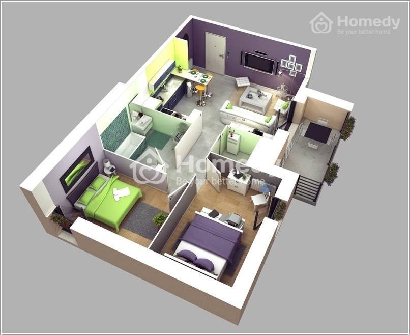 Trong căn hộ này, hai phòng ngủ được đặt cạnh nhau và chỉ có 1 nhà vệ sinh. Khu bếp, bàn ăn nằm trong cùng một không gian với nội thất nhỏ gọn. Bù lại gia chủ có thêm 1 phòng ngủ để kê tủ quần áo kiêm thay đồ riêng tư, kín đáo.