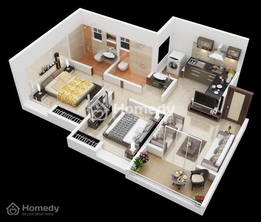 Đối với những căn hộ không vuông vức thế này, có thể tận dụng phần nhô ra để bài bếp nấu. Hệ tủ quần áo âm tường cũng rất hữu dụng để giúp bài trí căn hộ gọn gàng mà đủ chức năng.