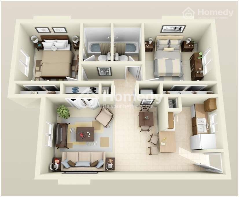 Nếu sở hữu khuôn nhà cân đối, vuông vức, bạn có thể đưa 2 phòng ngủ về một phía rồi dùng chung nhà vệ sinh cho tiết kiệm diện tích. Phòng ăn và bếp nấu nên bố trí trên một trục dọc gọn gàng.