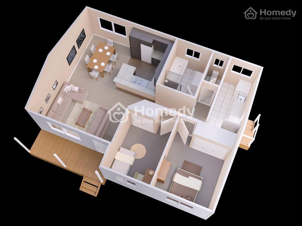 Khu bếp nấu dạng chữ U gọn dàng, hai phòng ngủ nằm sát nhau với khu vệ sinh, còn phòng khách riêng biệt ở gần cửa ra vào.