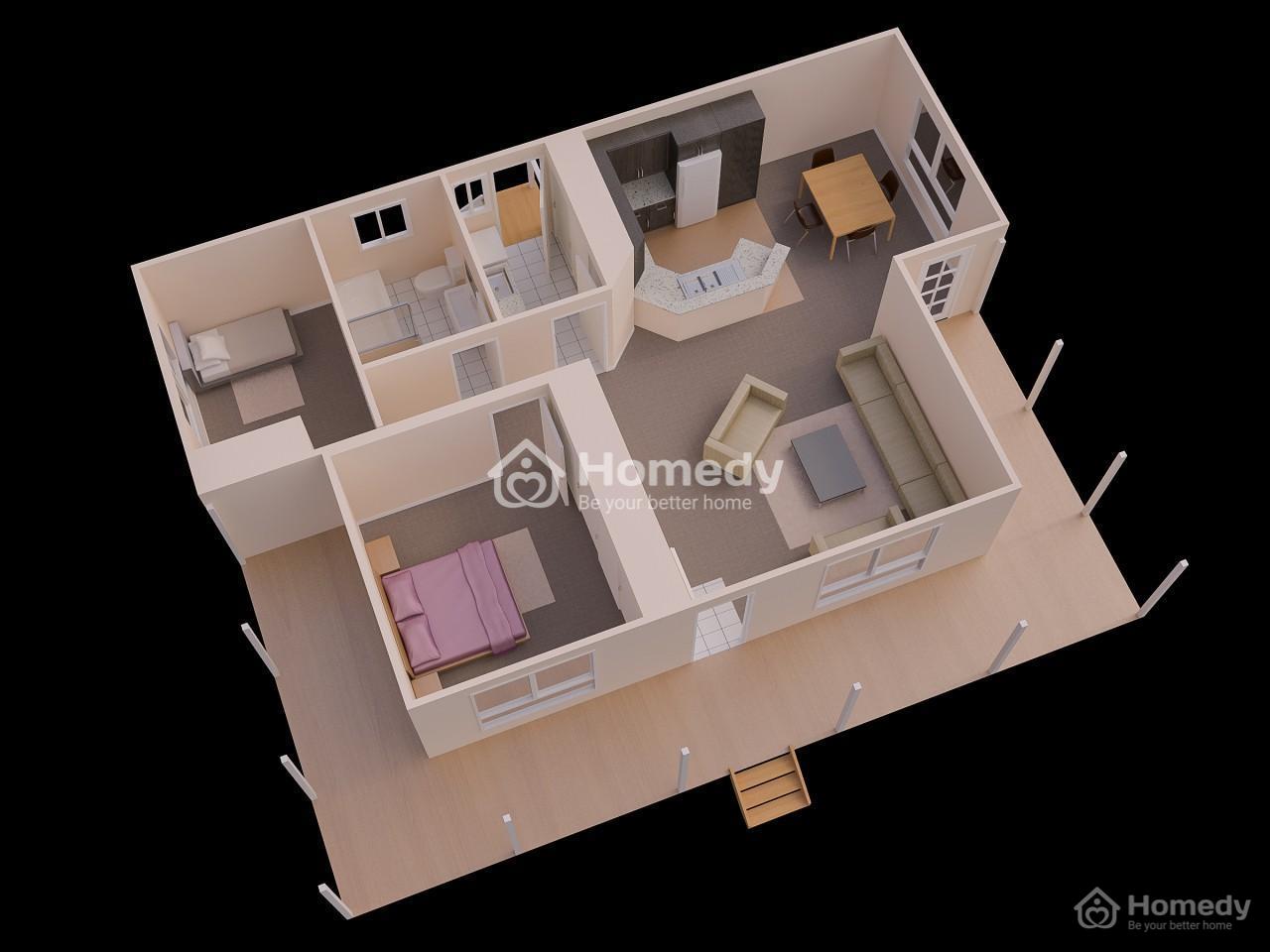 Đối với dạng căn hộ chữ T kiểu này, việc đưa 2 phòng ngủ về cùng một khối rất dễ dàng. Còn phòng khách và khu bếp, có thể ngăn cách chúng bẳng chính bàn bếp nấu hoặc quầy bar khá tiện và hợp với nhà hiện đại.