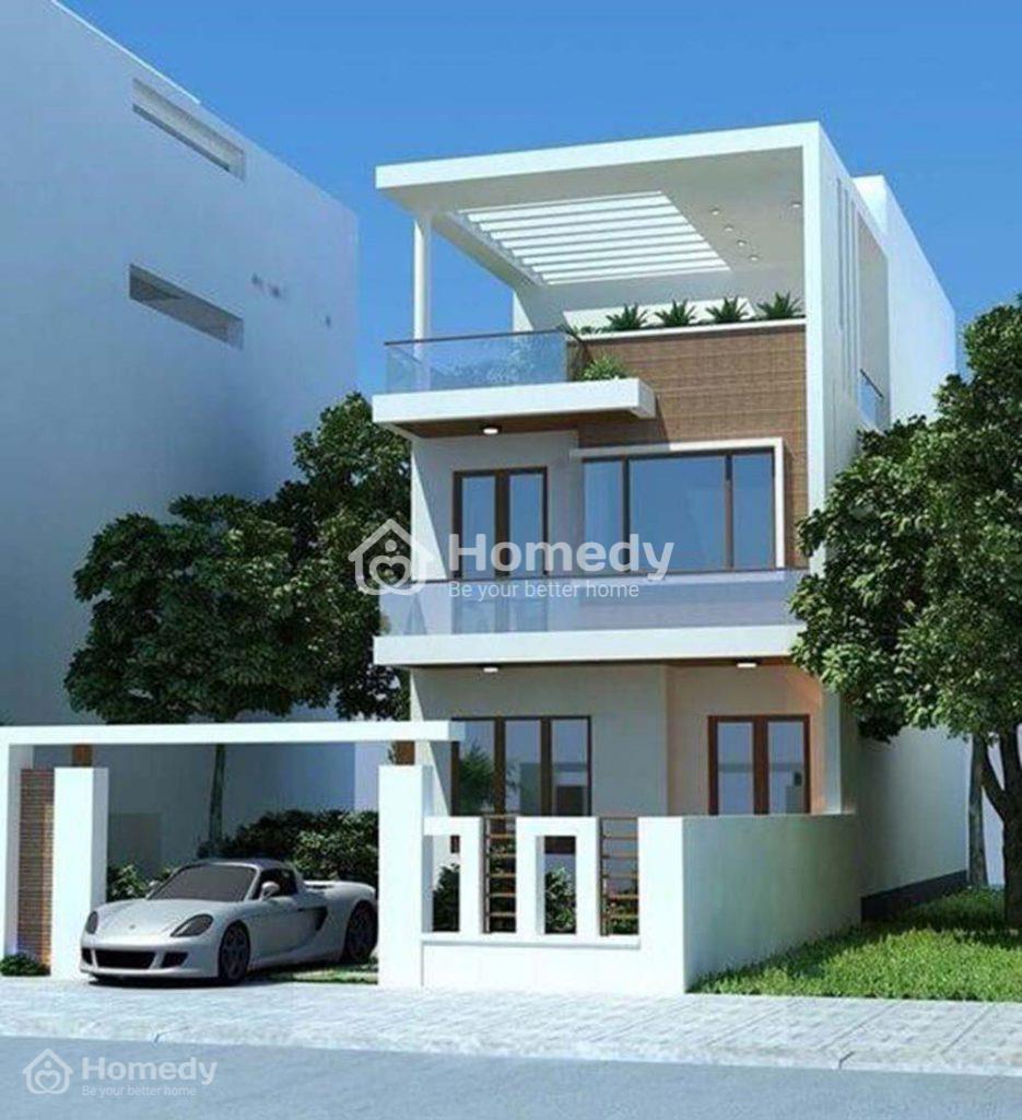 Mẫu 43 - Phối cảnh mặt tiền đơn giản, dùng tông màu xám nhẹ, theo phong cách hiện đại.