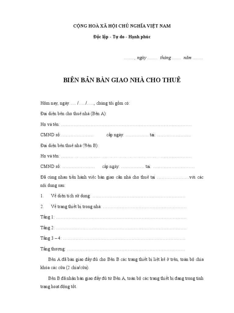 Mẫu biên bản bàn giao nhà cho thuê