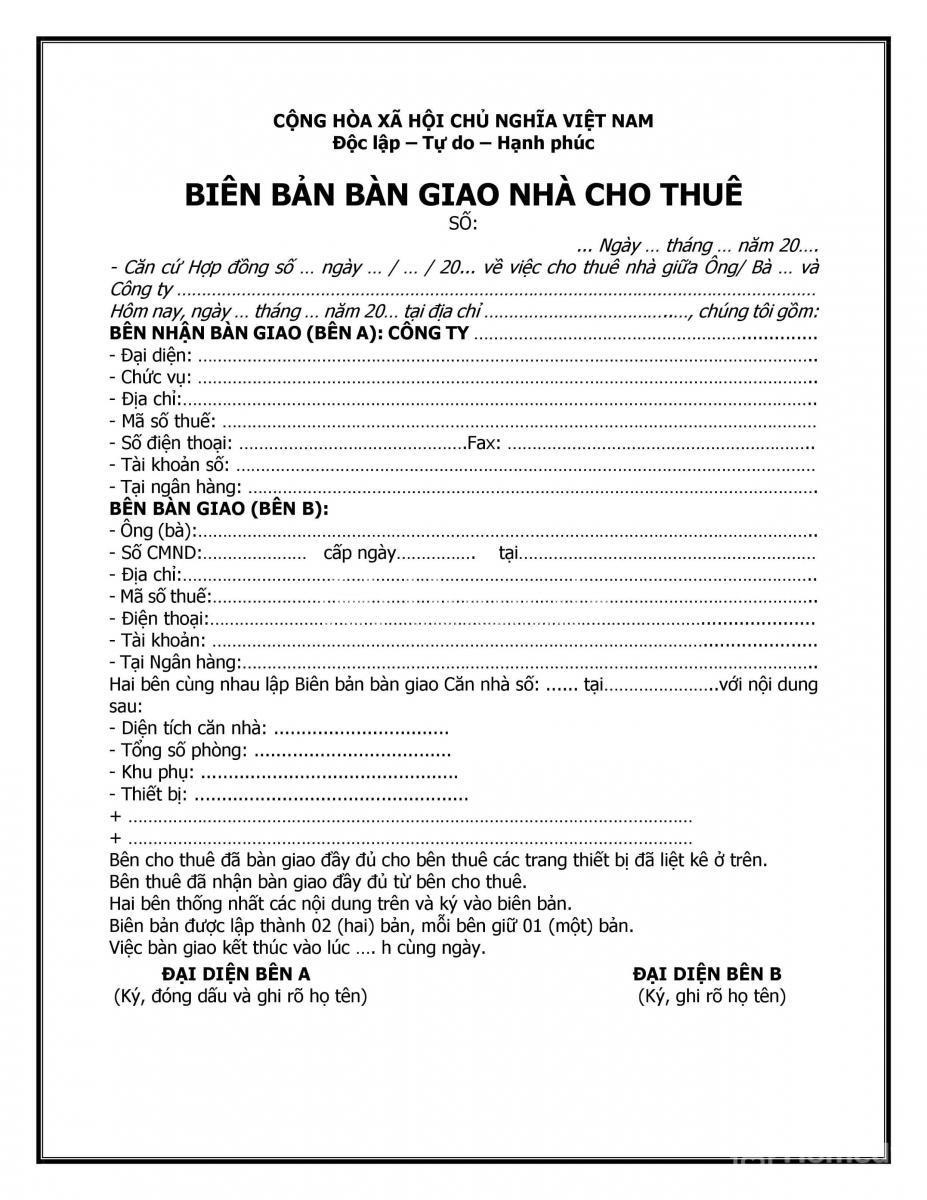 Mẫu biên bản bàn giao nhà cho thuê