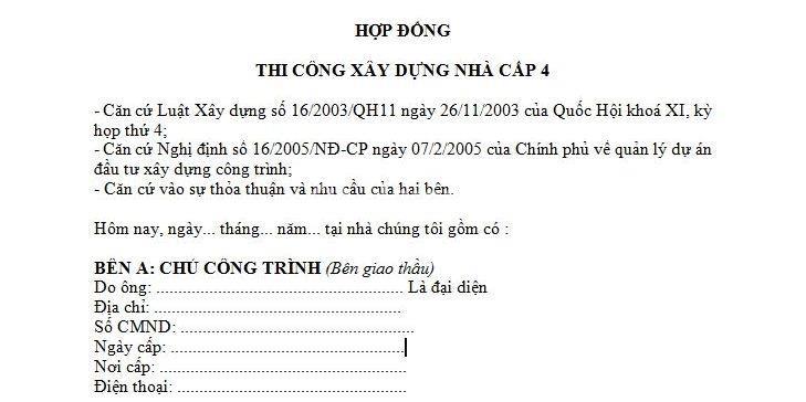 Hợp đồng xây dựng nhà cấp 4 chuẩn năm 2020
