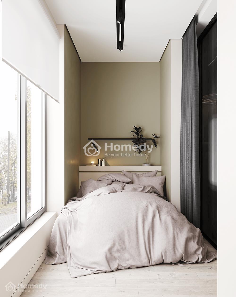 Phòng ngủ nhỏ chung cư 45m2 đặt ngay bên ngoài ban công độc đáo