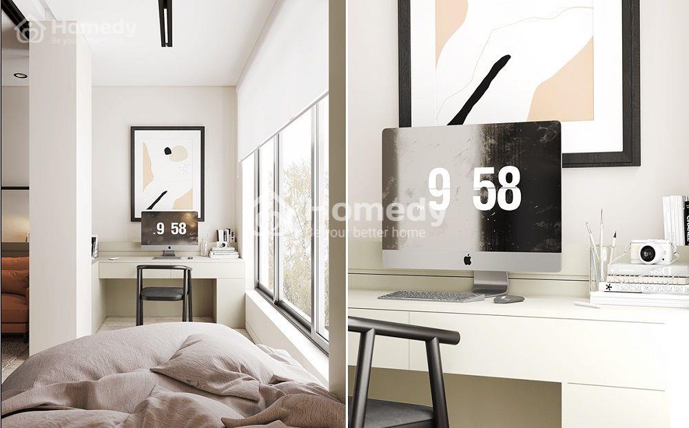 Khu vực làm việc nhỏ gọn đối diện giường ngủ đầy đủ ánh sáng