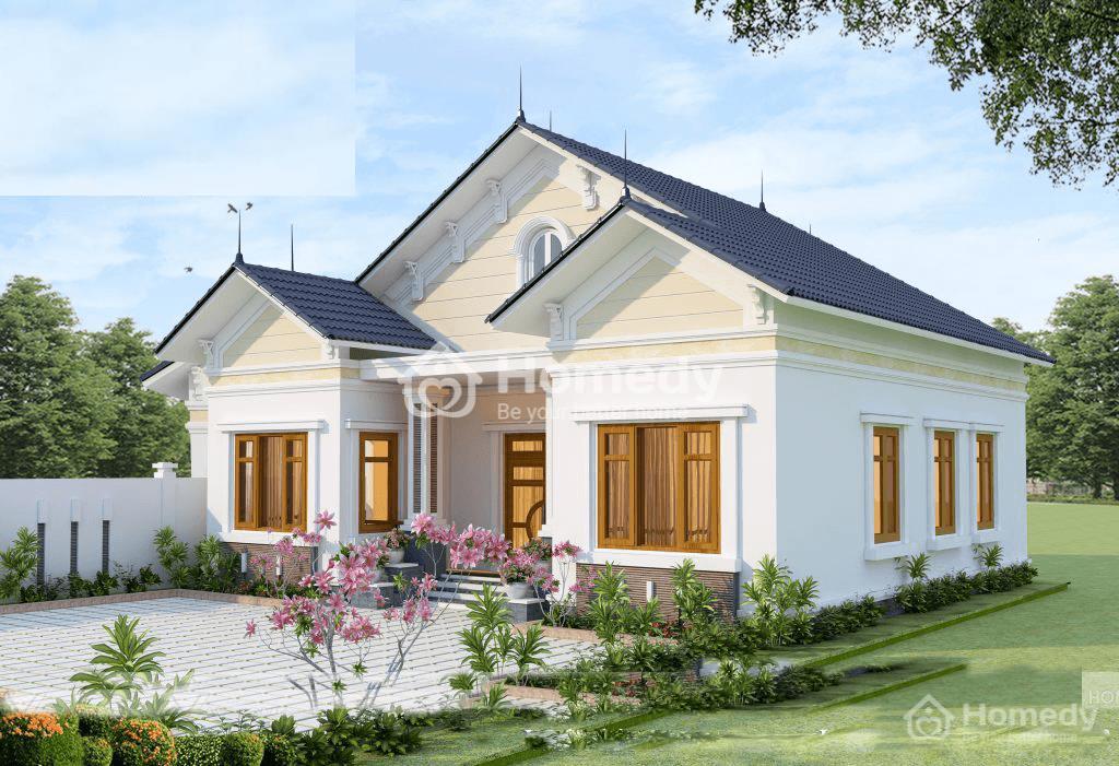 Mẫu nhà cấp 4 mái thái chữ u kết hợp hài hòa giữa cây cối và đồ vật tạo nên sự gần gũi trong không gian sống.
