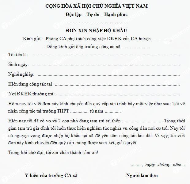Mẫu đơn xin nhập hộ khẩu cho vợ
