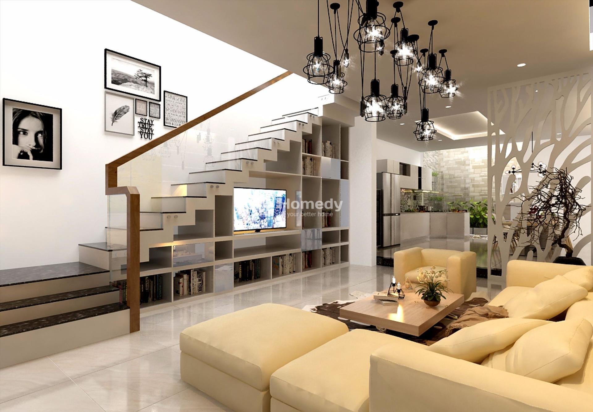 Cầu thang phòng khách nhà ống giúp tiết kiệm diện tích không gian