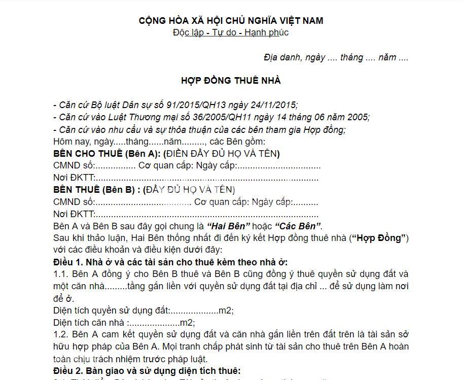 Mẫu hợp đồng thuê nhà ở chuẩn, mới nhất 2021