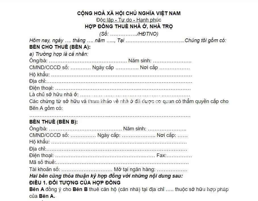 Mẫu hợp đồng thuê nhà trọ chuẩn, mới nhất 2021