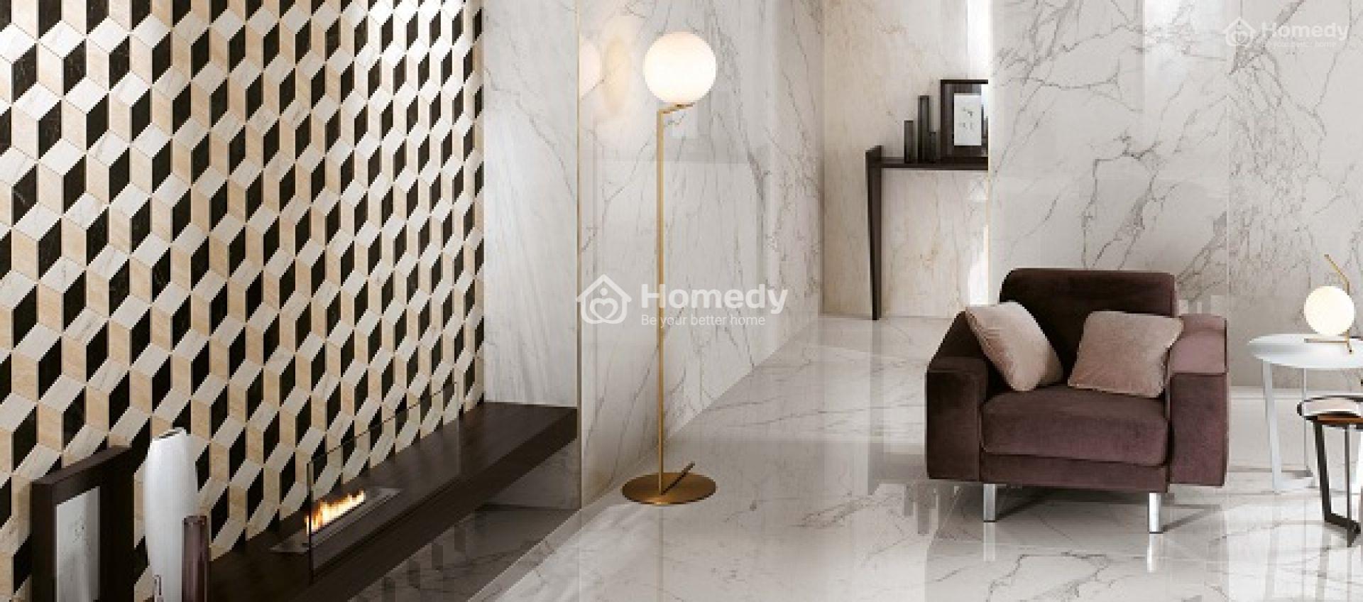 Phối màu gạch ốp tường lạ mắt cho phòng khách