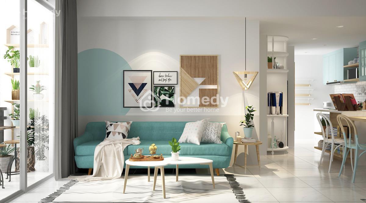 Mảng tường kết hợp giữa trắng và xanh đẹp mắt