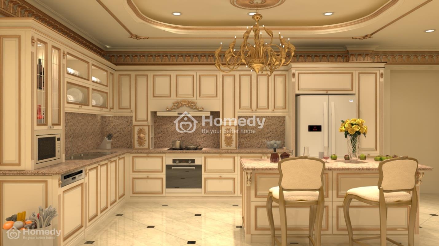 Trang trí phòng bếp nhỏ phong cách tân cổ điển sẽ đẹp hơn nếu diện tích rộng