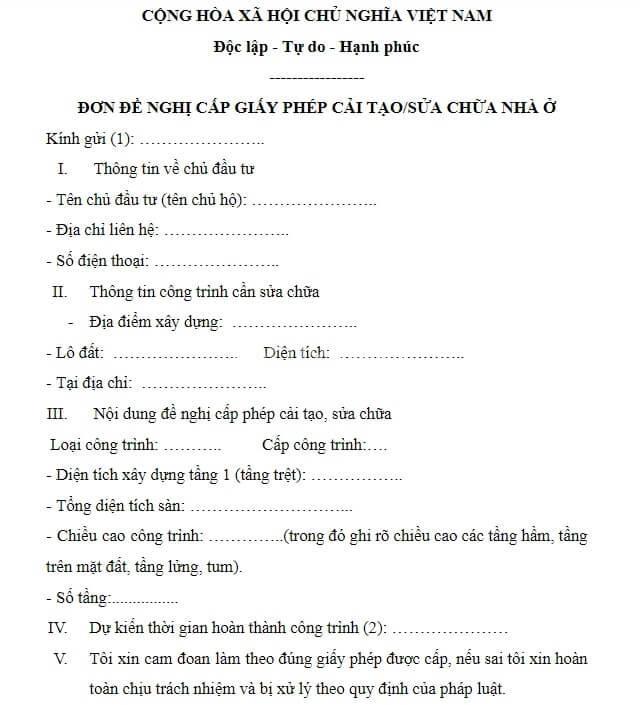mẫu đơn xin sửa chữa nhà ở