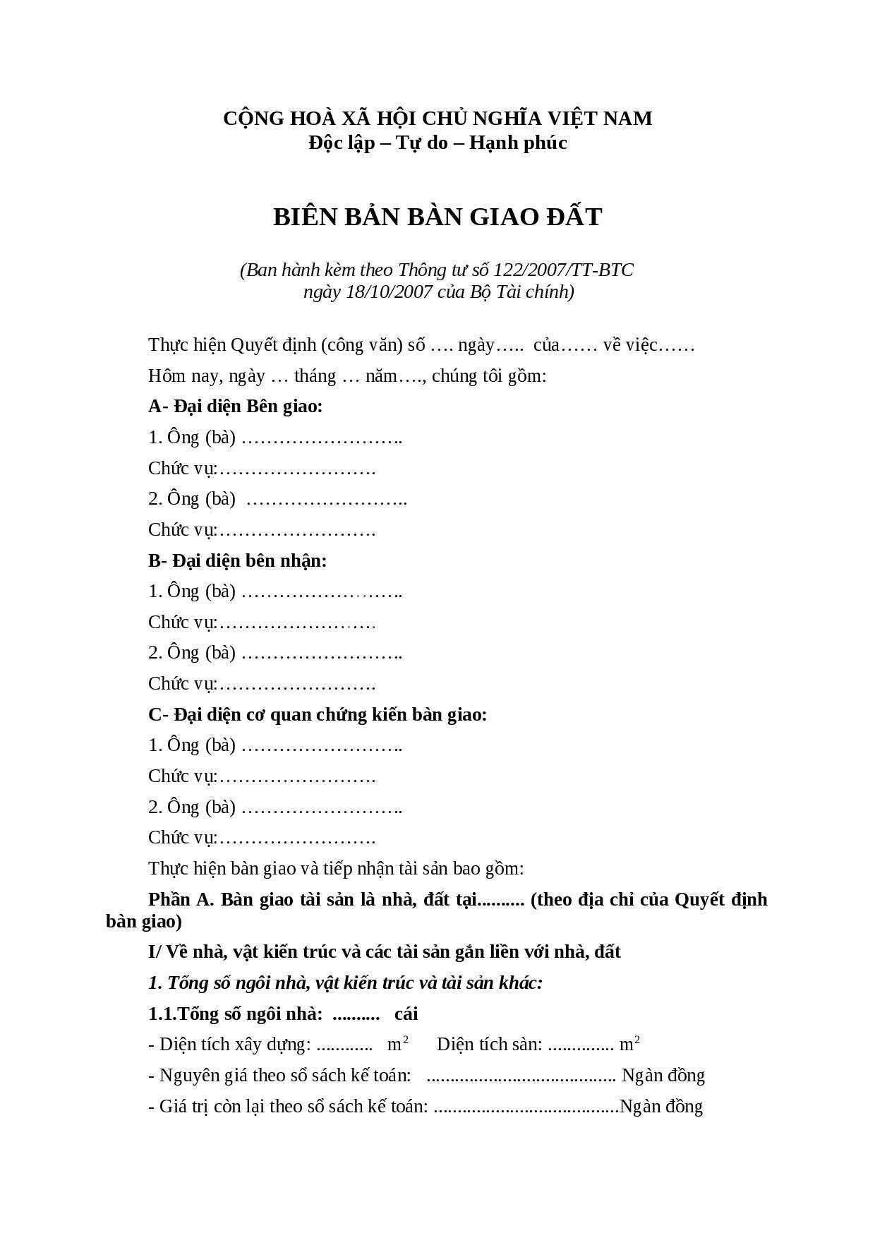 Biên bản bàn giao đất