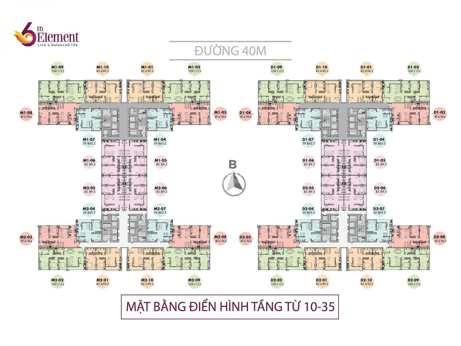 Mặt bằng điển hình căn hộ 6th Element tầng 10-35