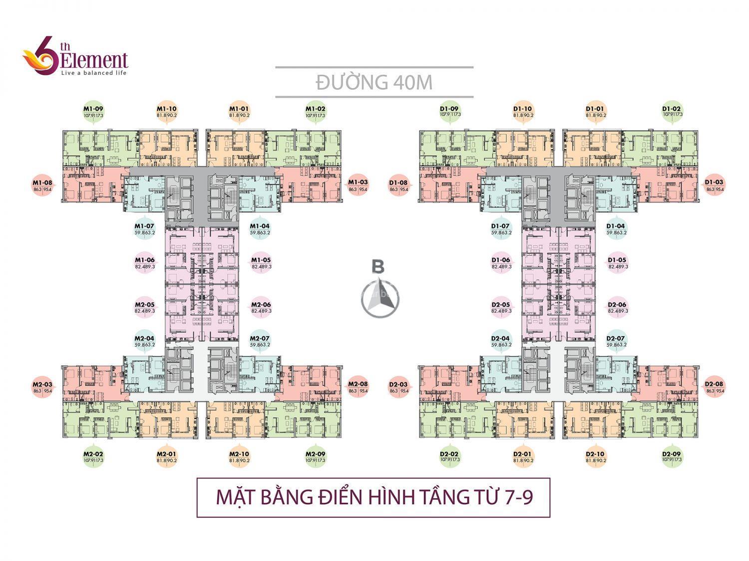 Mặt bằng điển hình căn hộ 6th Element tầng 7-9