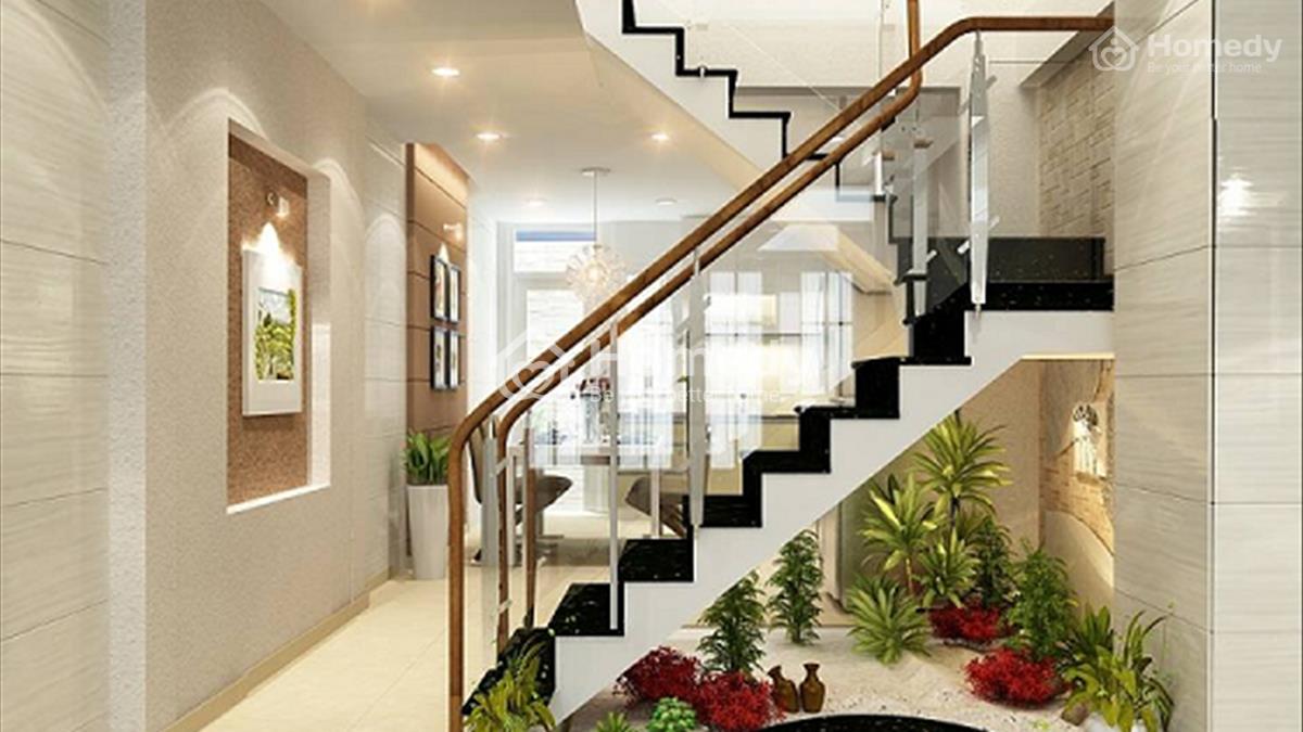 Cầu thang phòng khách nhà ống có thể đặt ở trung tâm căn nhà