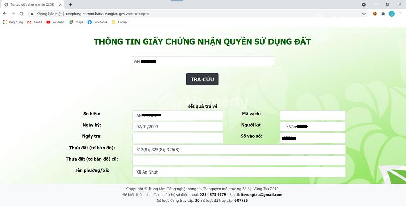 Kết quả tra cứu thông tin sổ đỏ online khu vực Bà Rịa - Vũng Tàu