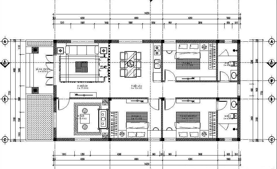 Bản phiên bản vẽ ngôi nhà cấp cho 4 3 buồng ngủ 100m2 bao gồm phòng tiếp khách, chống thờ, phòng bếp, 3 buồng ngủ và 2 WC 