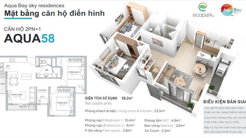 Bán căn hộ 58m2 , 2 ngủ 1 vệ sinh - Chung cư Aqua Bay Ecopark - Giá chỉ 1 tỷ 740 bao sổ - Ảnh 1