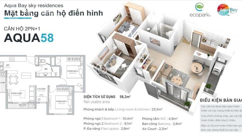 Bán căn hộ 58m2 (2PN 1VS) - ban công Đông Nam - Chung cư Aquabay Ecopark - Giá 1,870 - Ảnh 1