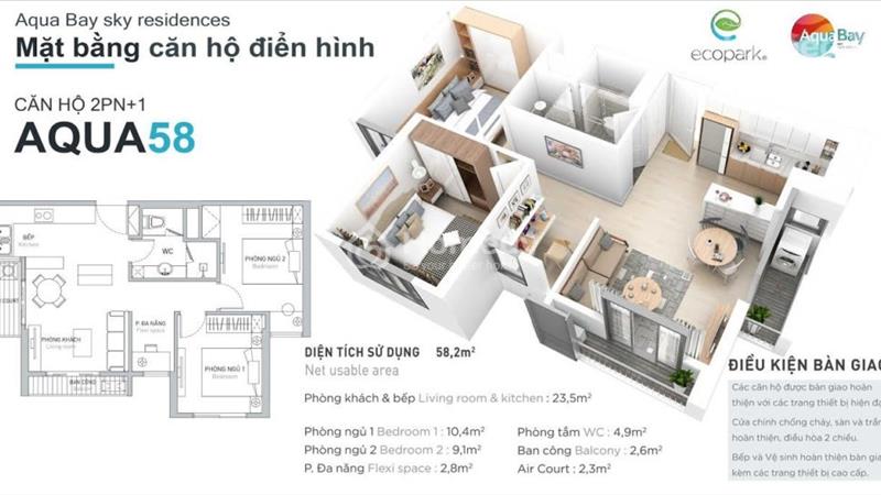Bán căn hộ 58m2 sử dụng, 2 ngủ - Chung cư Aqua Bay Ecopark - Đông Nam - Giá 1,920 bao sổ - Ảnh 1