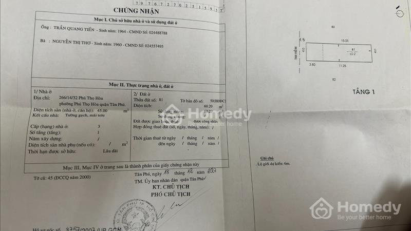 Silkroad - Phú Thọ Hòa, Tân Phú, diện tích 60m2, 3 tầng, giá 5 tỷ. 0775 195 318 Dũng - Ảnh 1