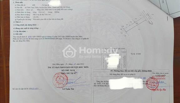 ngộp cần tiền, bán gấp căn nhà cấp 4 ở Thới Tam Thôn, Hóc Môn, 106m2, 800trieu. sổ hồng riêng - Ảnh 1