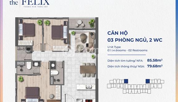 Căn 3 Phòng ngủ, Giá bán: 3 tỷ 1, Tầng cao thoáng, Căn góc ngắm trọn 2 view tại The Felix - Ảnh 1