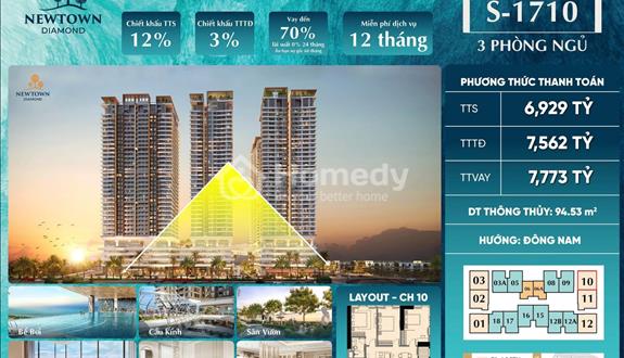 Căn hộ nghĩ dưỡng 3pn view biển cực hiếm tại Newtown Diamond Đà Nẵng Tòa S, mã S-1710 - Ảnh 1
