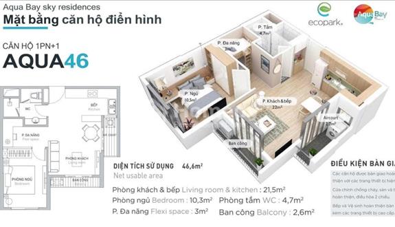 Bán 1PN+1 46m2 sử dụng - Tòa Lake, chung cư Aqua Bay Ecopark - Giá 3 tỷ 180 - Ảnh 1