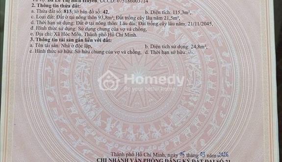 Bán Nhanh Lô đất 1/ Huỳnh Văn Mài. Tân Hiệp. Sổ Hồng Riêng. KDC an ninh - Ảnh 1
