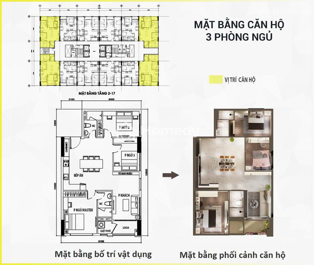 Mặt bằng căn hộ 3PN - Hưng Phú New Tower (Fancy Tower Bến Tre)
