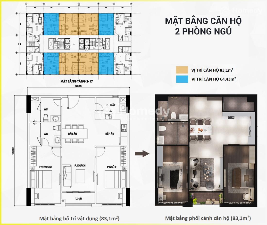 Mặt bằng căn hộ 2PN - Hưng Phú New Tower (Fancy Tower Bến Tre)